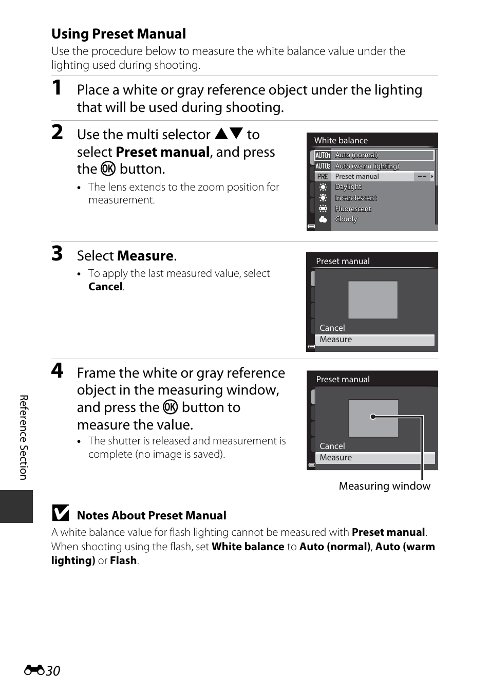 E30), Using preset manual, Select measure | Nikon P600 User Manual | Page 156 / 236