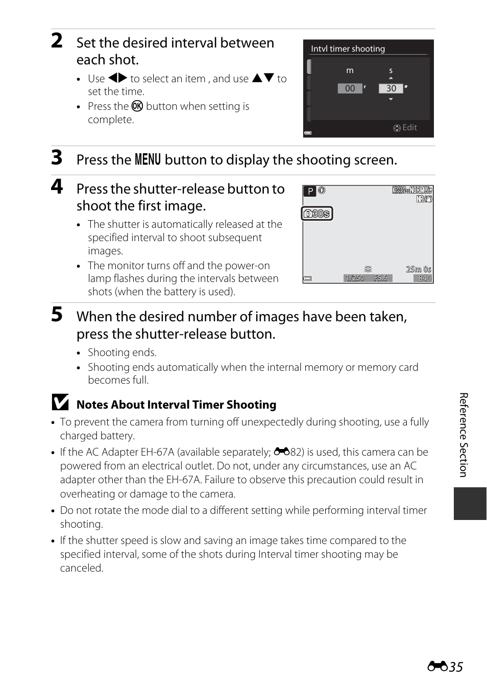 Set the desired interval between each shot, Press the d button to display the shooting screen | Nikon P600 User Manual | Page 161 / 236