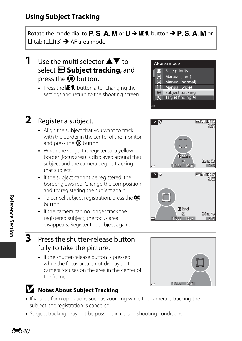 See “using subject tracking, E40), Using subject tracking | Register a subject | Nikon P600 User Manual | Page 166 / 236