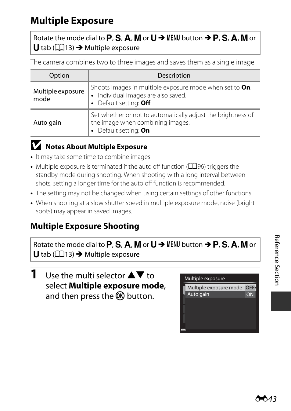 Multiple exposure, Multiple exposure shooting | Nikon P600 User Manual | Page 169 / 236