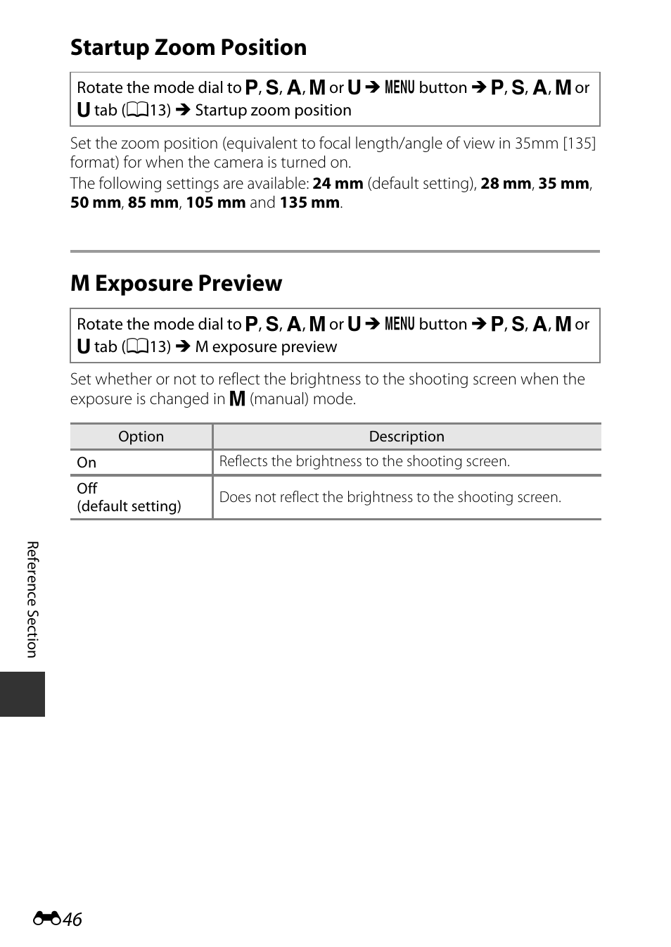 Startup zoom position, M exposure preview | Nikon P600 User Manual | Page 172 / 236