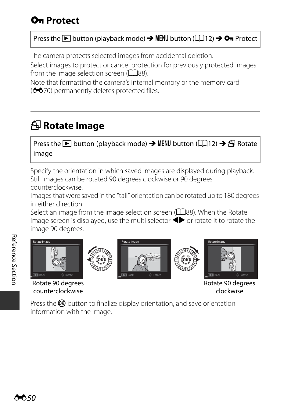 Protect, Rotate image, D protect | F rotate image, E50) | Nikon P600 User Manual | Page 176 / 236