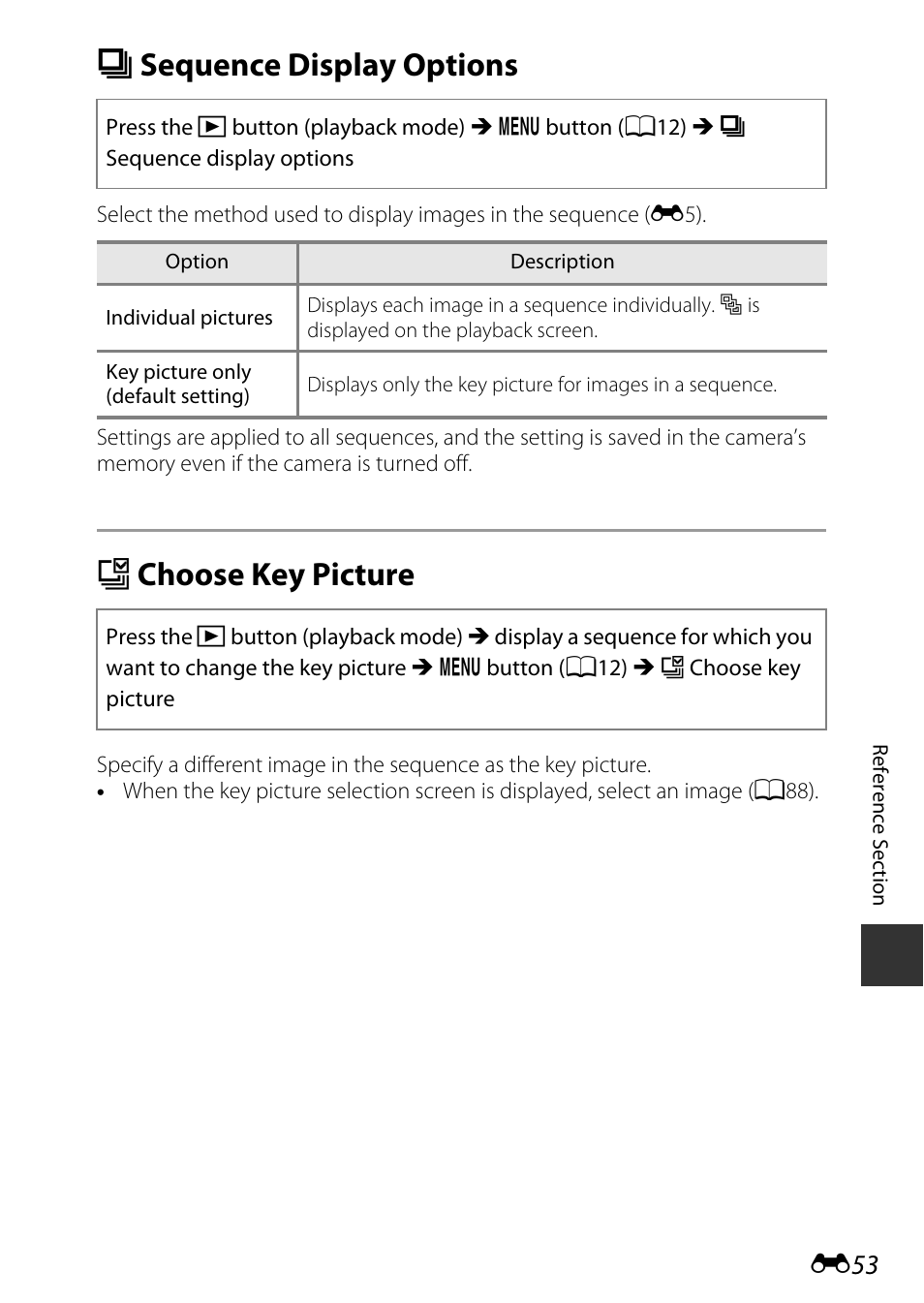 Sequence display options, Choose key picture, C sequence display options | X choose key picture | Nikon P600 User Manual | Page 179 / 236