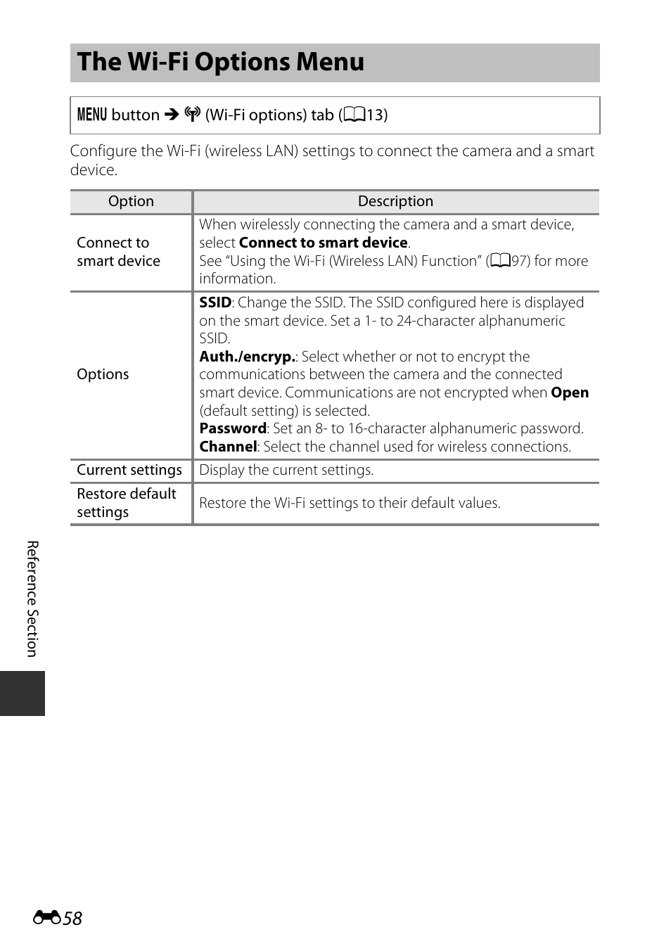 The wi-fi options menu, E58) | Nikon P600 User Manual | Page 184 / 236