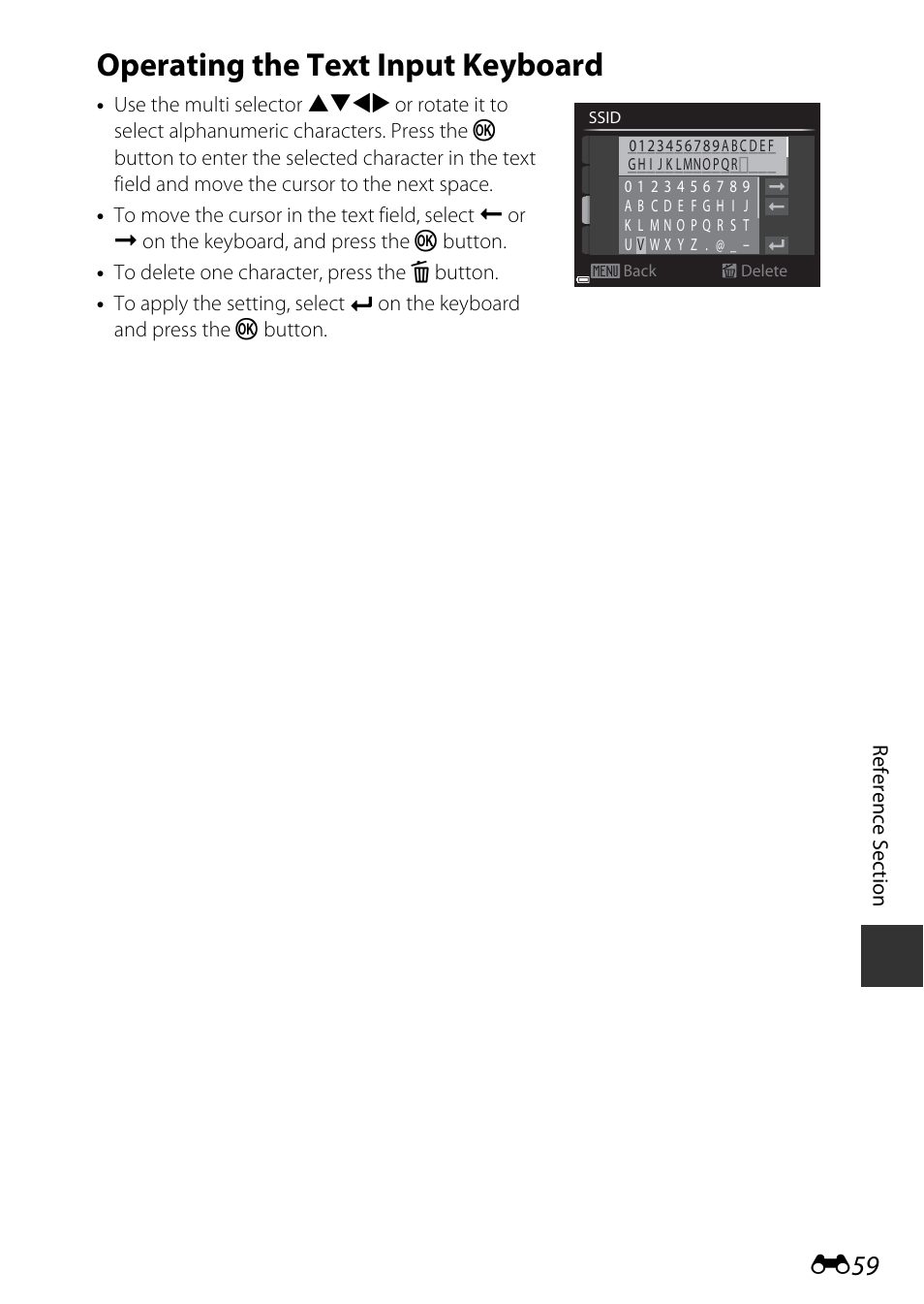 Operating the text input keyboard | Nikon P600 User Manual | Page 185 / 236