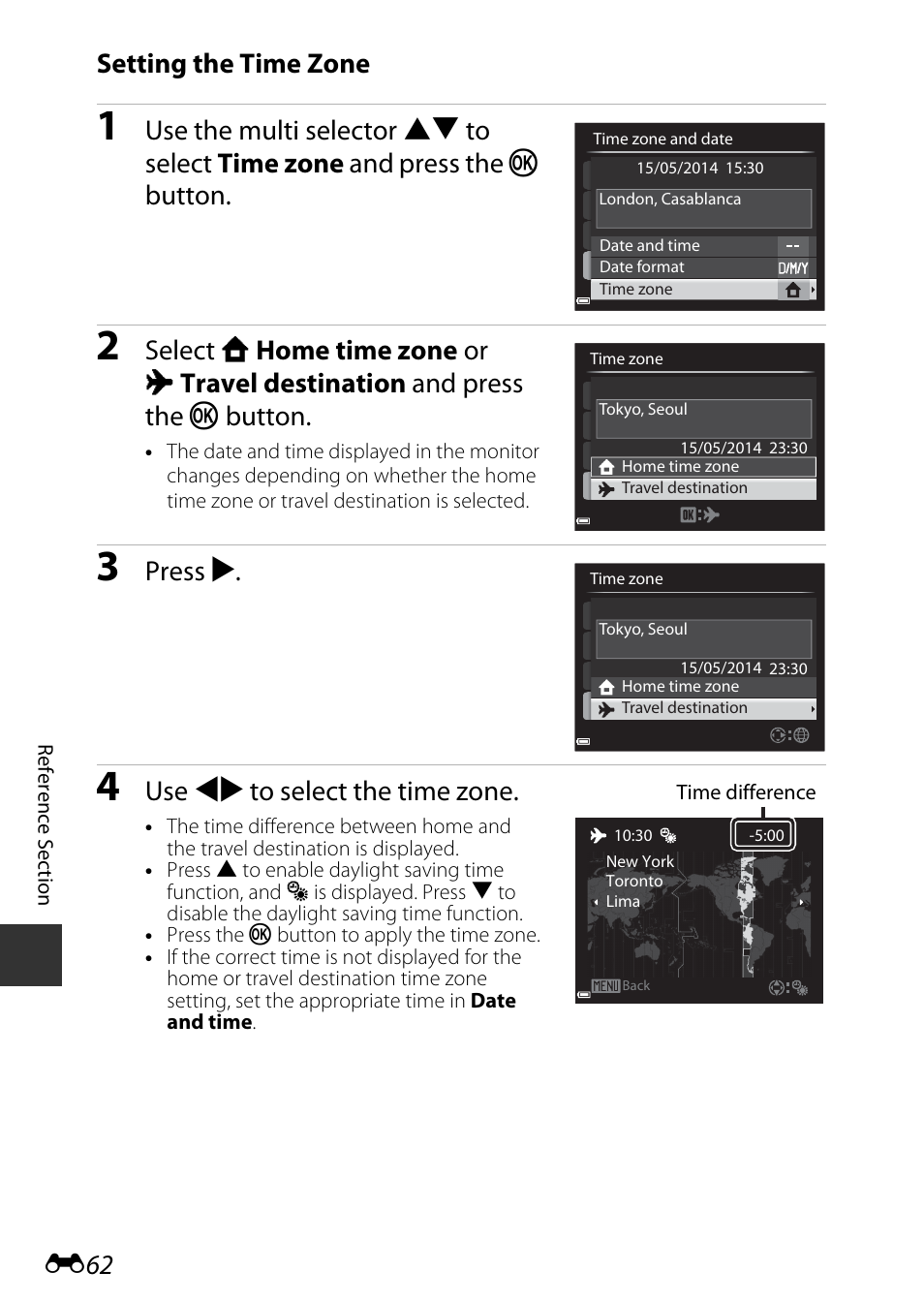 Setting the time zone, Press k, Use jk to select the time zone | Nikon P600 User Manual | Page 188 / 236