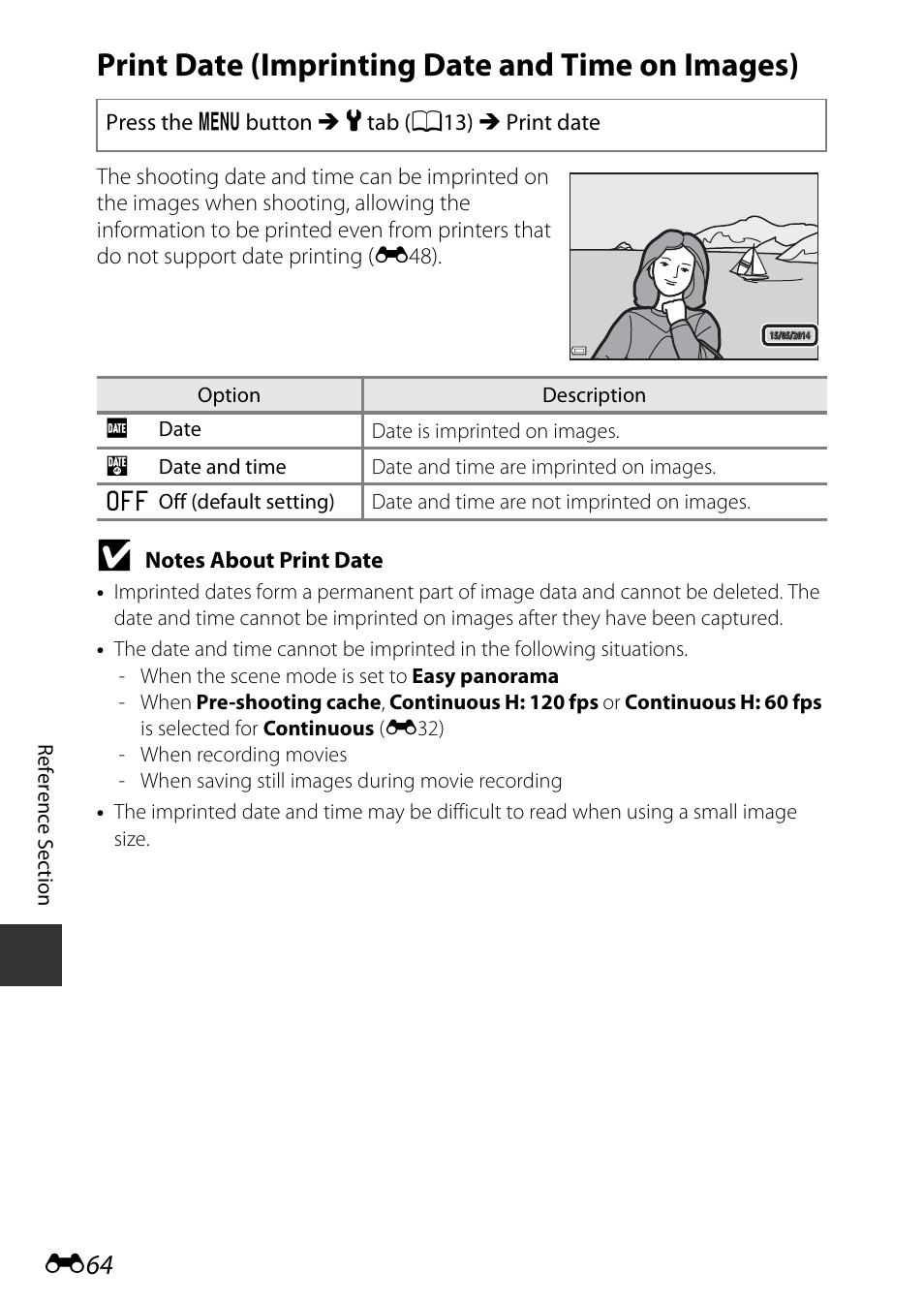 Print date (imprinting date and time on images), E64) | Nikon P600 User Manual | Page 190 / 236