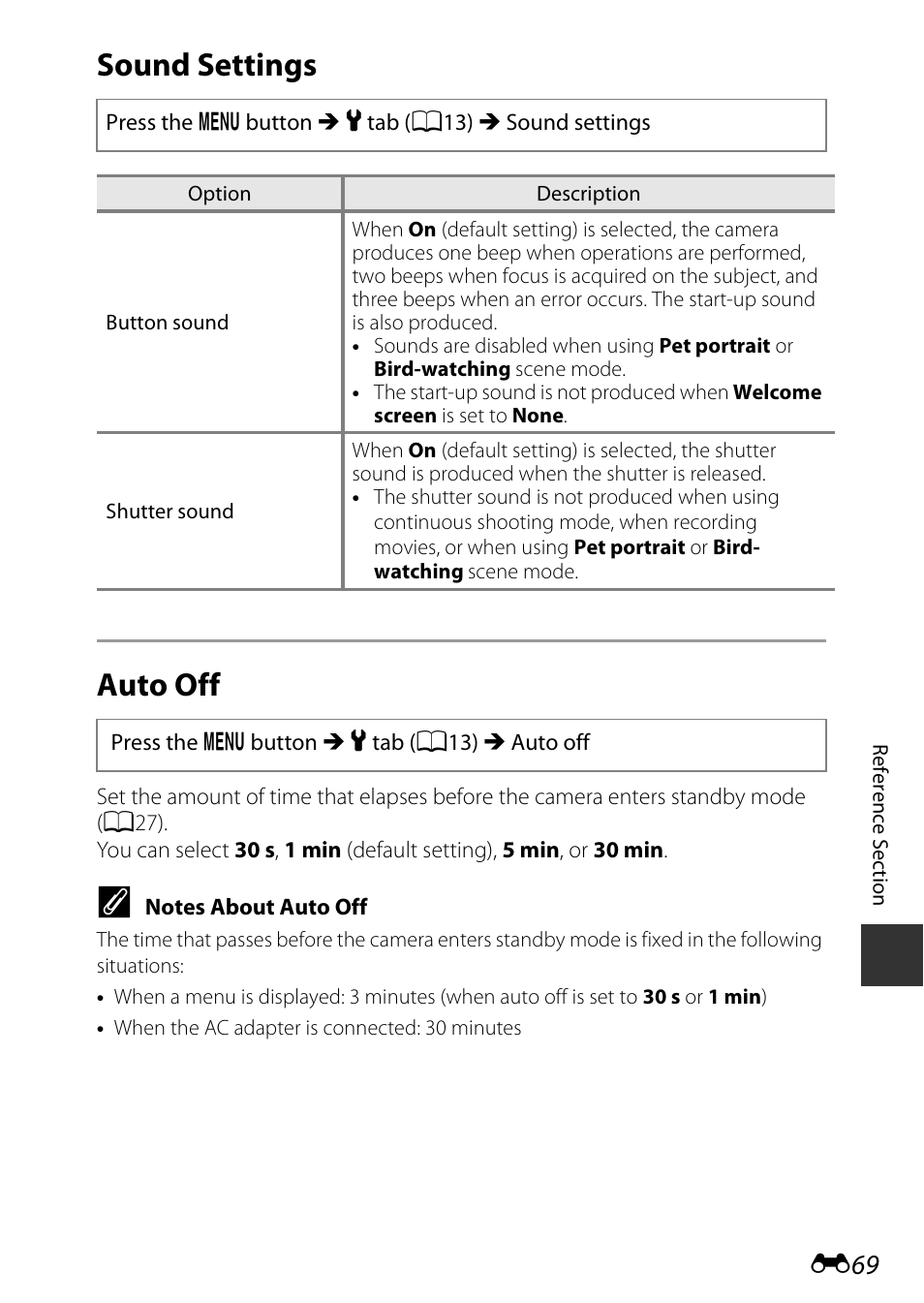 Sound settings, Auto off, Sound settings auto off | Nikon P600 User Manual | Page 195 / 236