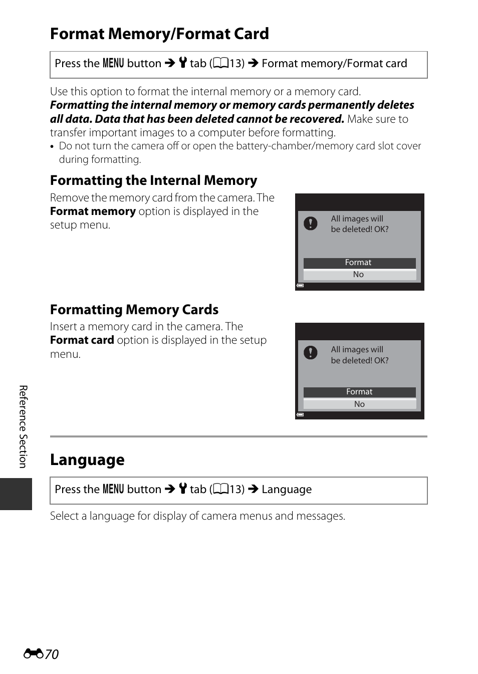 Format memory/format card, Language, E70) permanently | Nikon P600 User Manual | Page 196 / 236