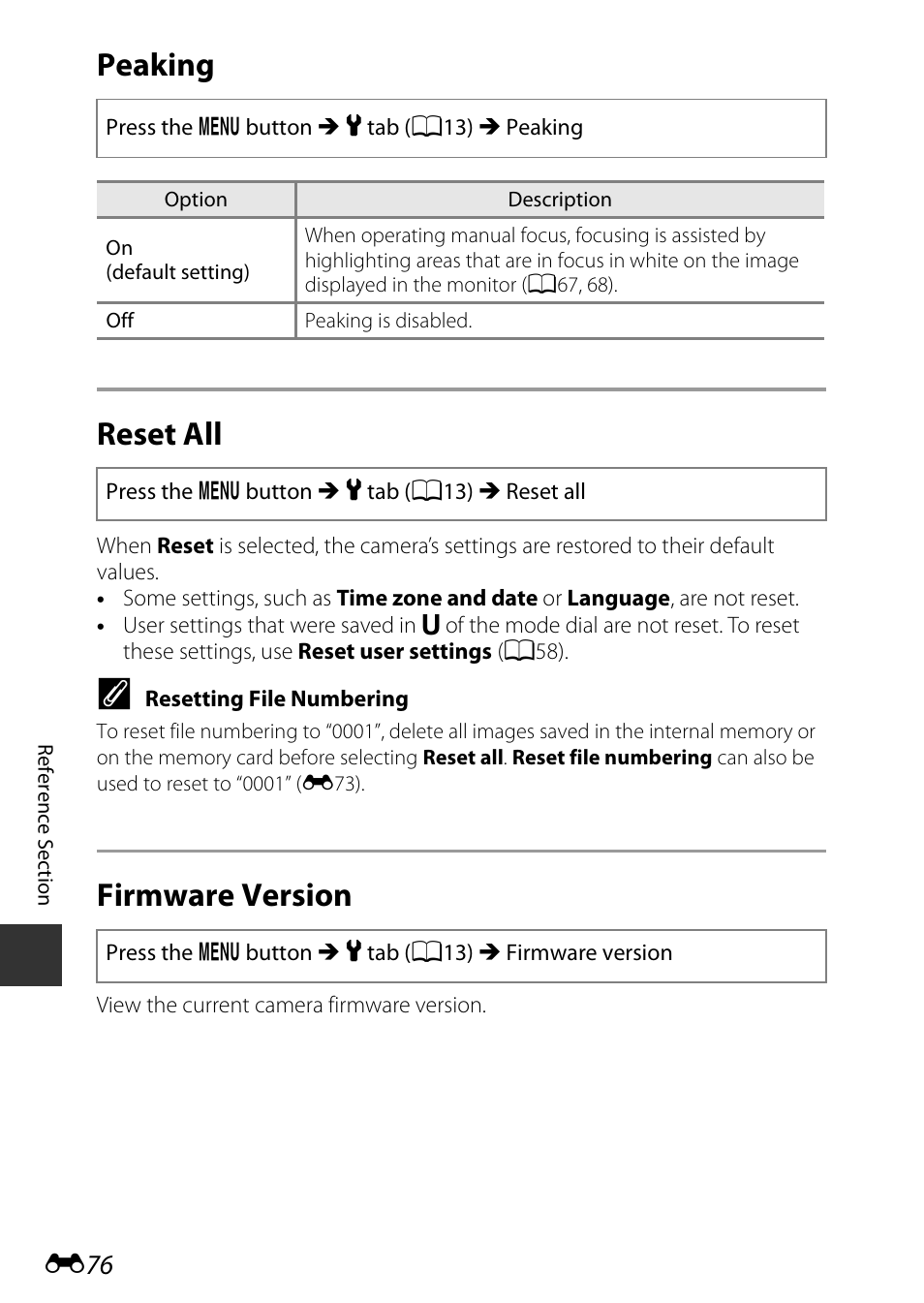 Peaking, Reset all, Firmware version | Peaking reset all | Nikon P600 User Manual | Page 202 / 236