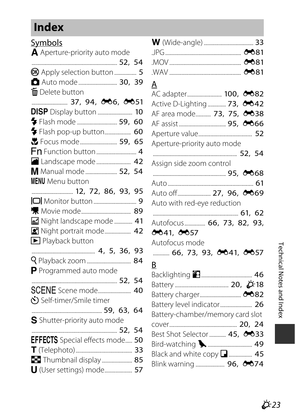 Index, F 23 | Nikon P600 User Manual | Page 231 / 236