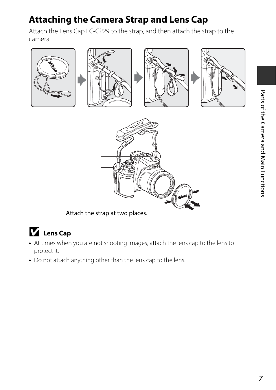 Attaching the camera strap and lens cap | Nikon P600 User Manual | Page 29 / 236