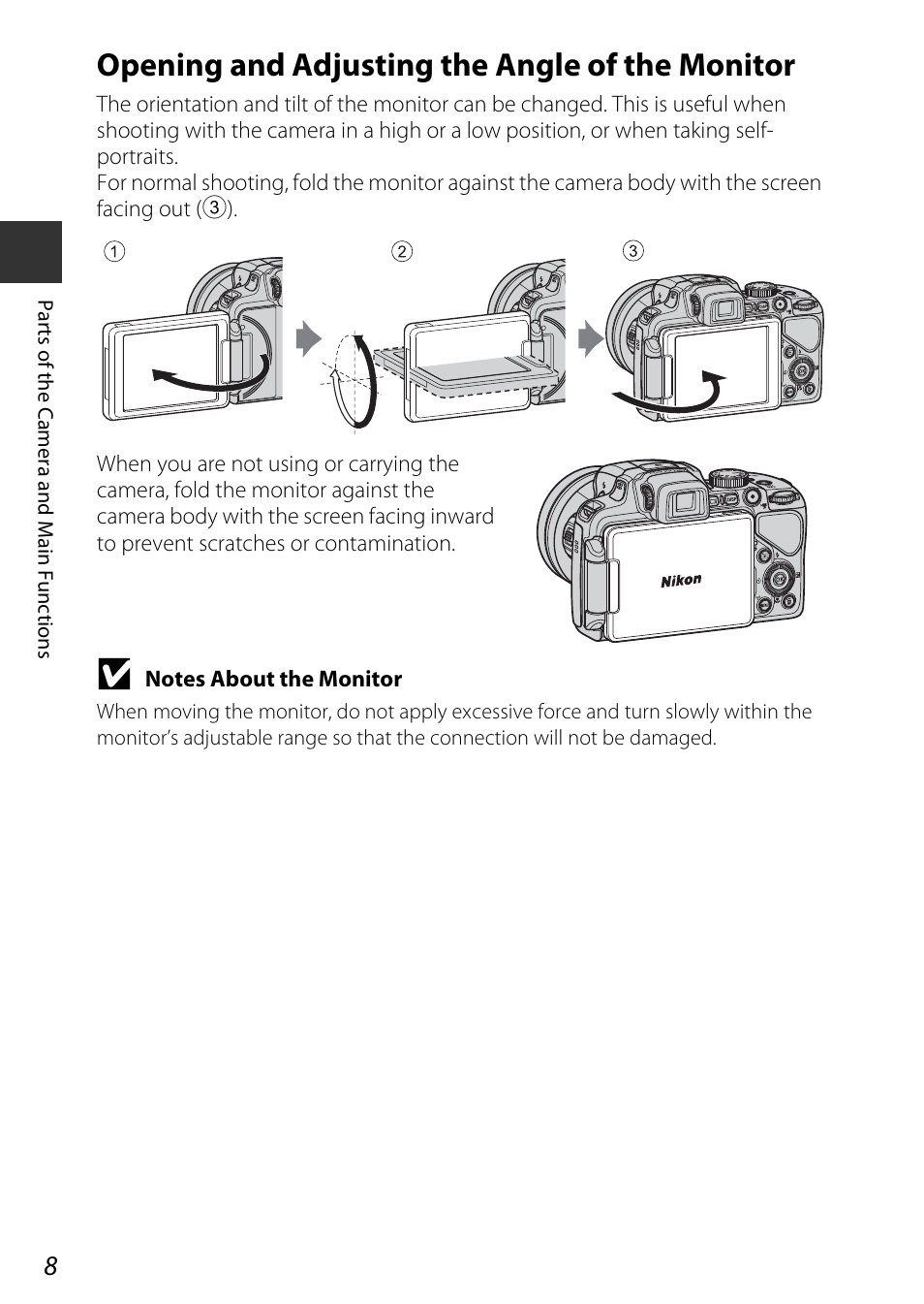 Opening and adjusting the angle of the monitor | Nikon P600 User Manual | Page 30 / 236