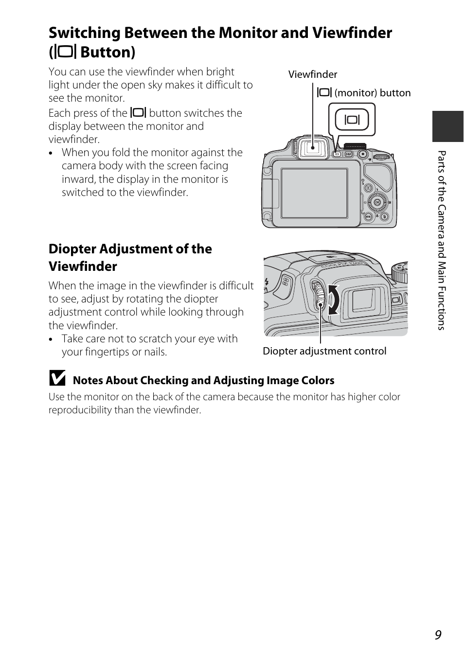 Switching between the monitor and viewfinder, X button), Diopter adjustment of the viewfinder | Nikon P600 User Manual | Page 31 / 236