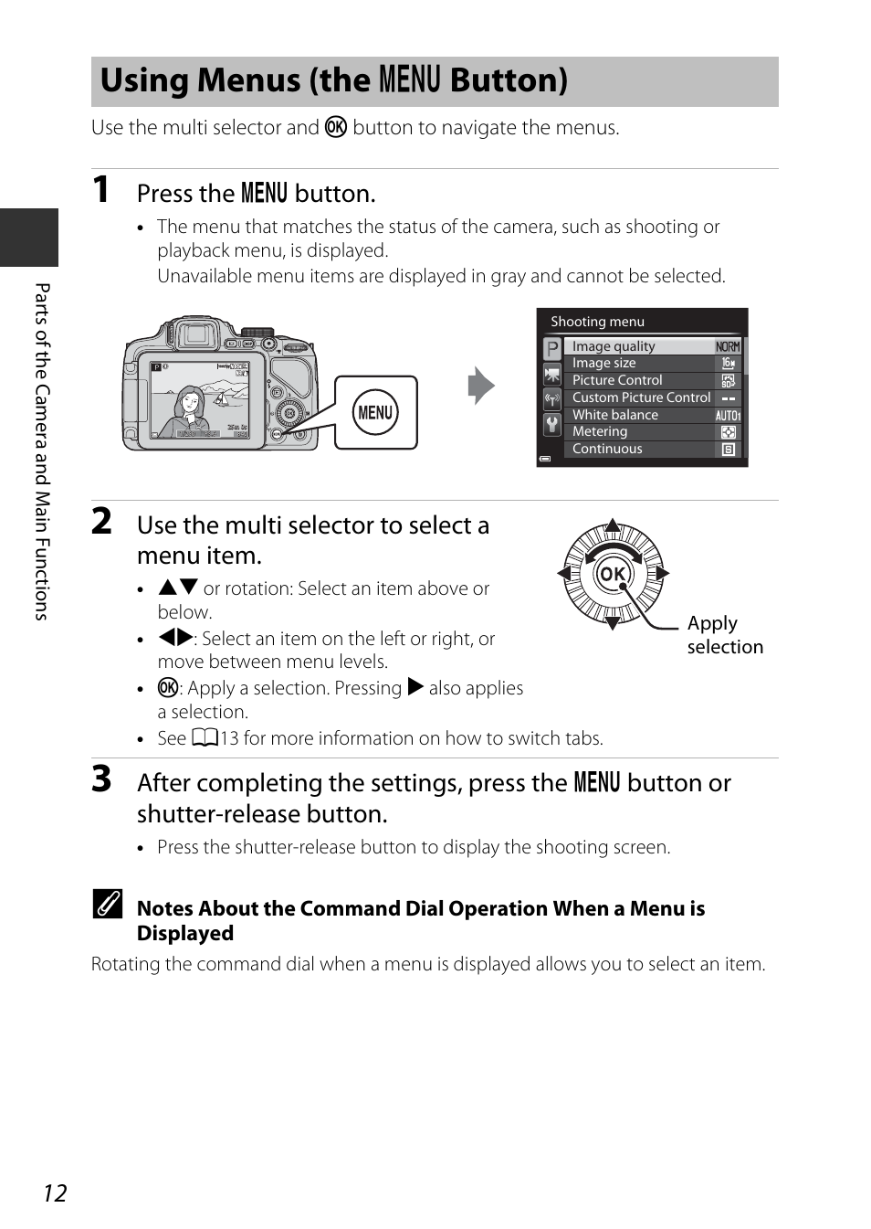 Using menus (the menu button), Using menus (the, D button) | Using menus (the d button), Press the d button, Use the multi selector to select a menu item | Nikon P600 User Manual | Page 34 / 236