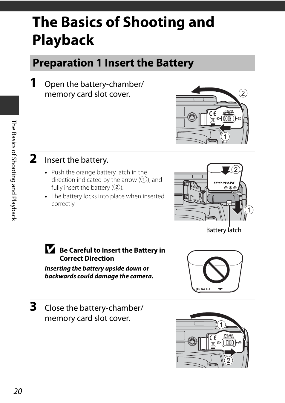 The basics of shooting and playback, Preparation 1 insert the battery, A20) | Nikon P600 User Manual | Page 42 / 236