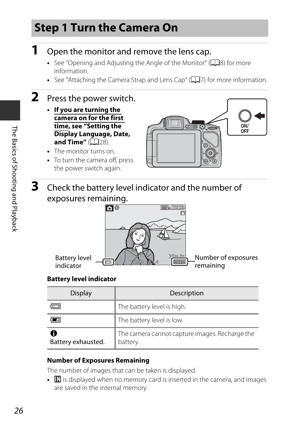 Step 1 turn the camera on, Open the monitor and remove the lens cap, Press the power switch | Nikon P600 User Manual | Page 48 / 236