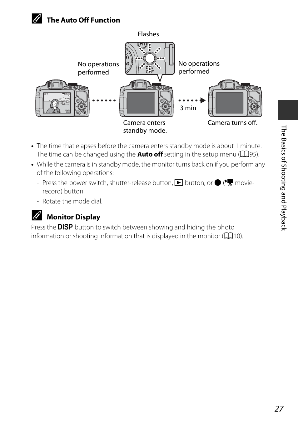 The auto off function, Monitor display | Nikon P600 User Manual | Page 49 / 236