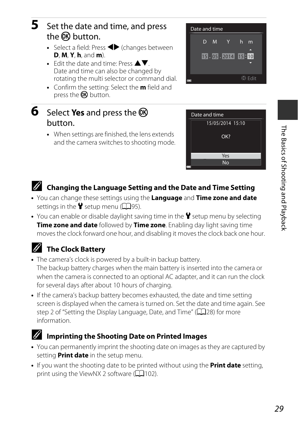 Set the date and time, and press the k button, Select yes and press the k button | Nikon P600 User Manual | Page 51 / 236