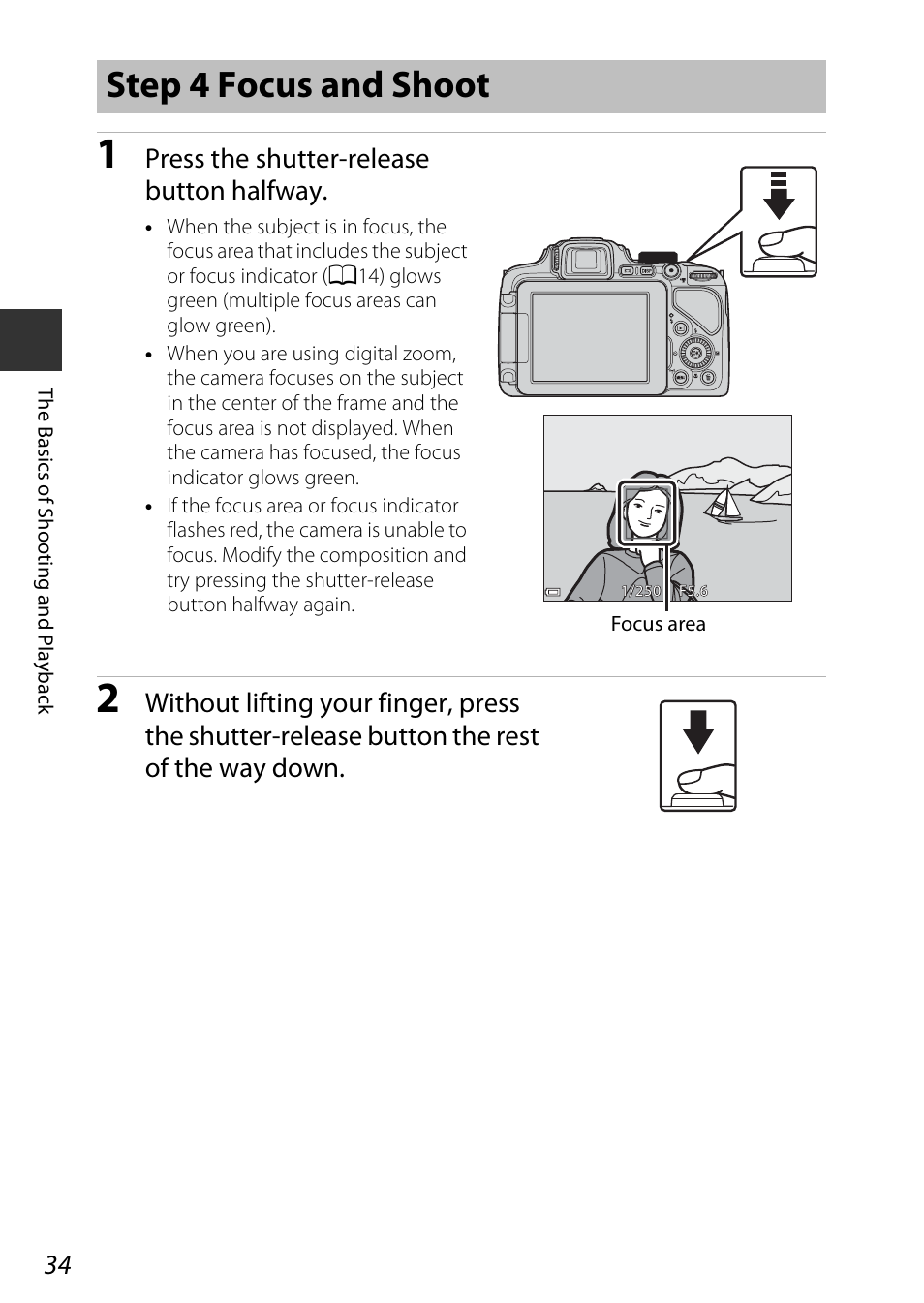 Step 4 focus and shoot, Press the shutter-release button halfway | Nikon P600 User Manual | Page 56 / 236