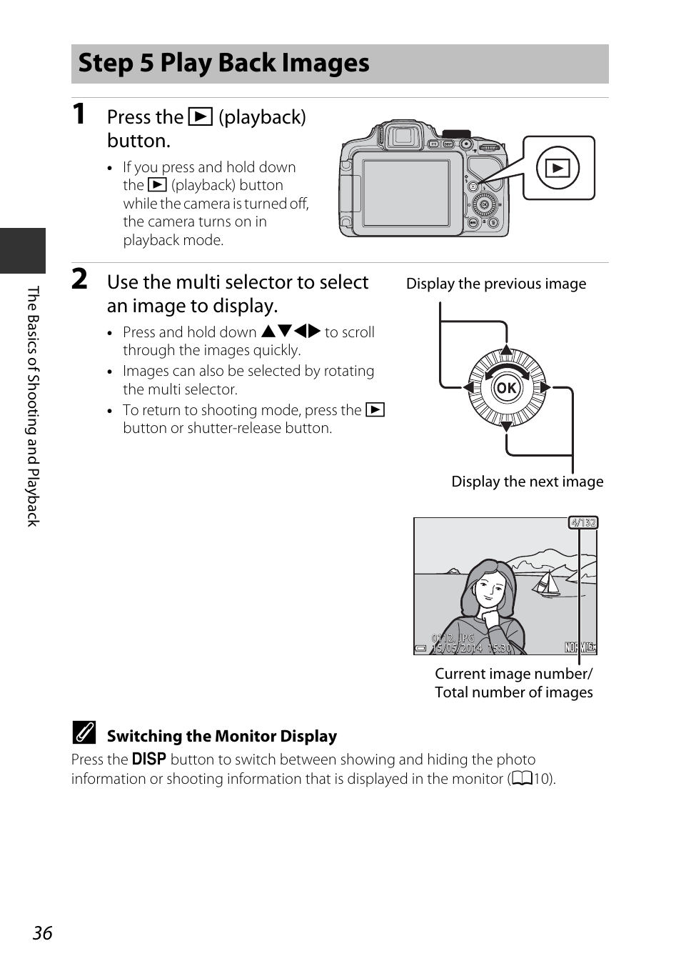 Step 5 play back images, A36), Press the c (playback) button | Nikon P600 User Manual | Page 58 / 236