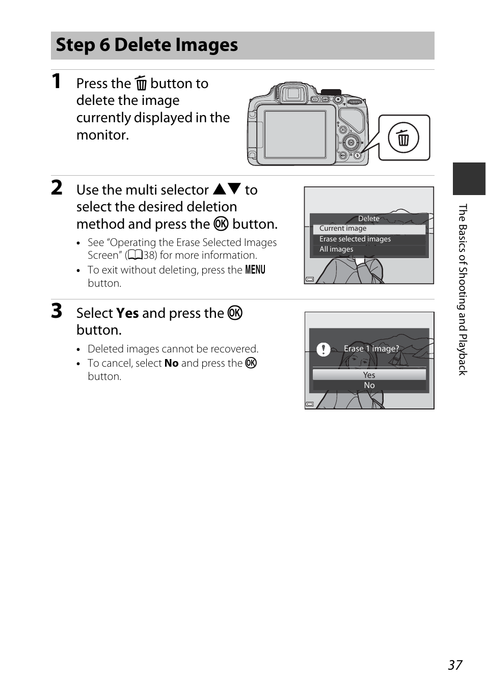 Step 6 delete images, Select yes and press the k button | Nikon P600 User Manual | Page 59 / 236