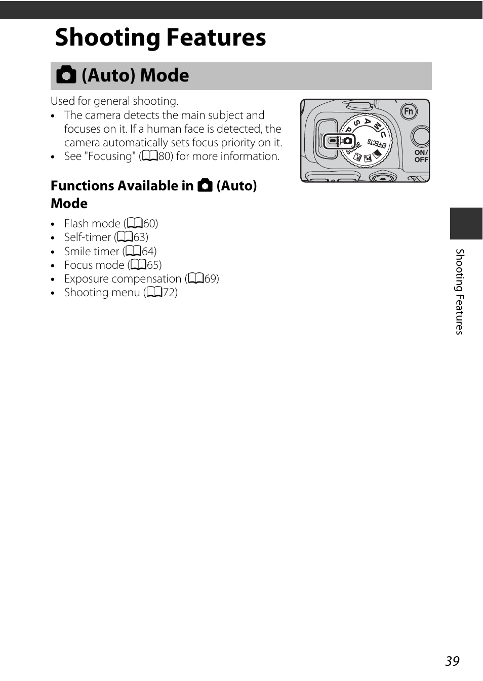 Shooting features, Auto mode, A (auto) mode | A39) | Nikon P600 User Manual | Page 61 / 236