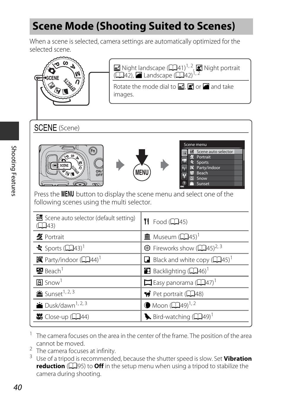 Scene mode (shooting suited to scenes), A40) | Nikon P600 User Manual | Page 62 / 236