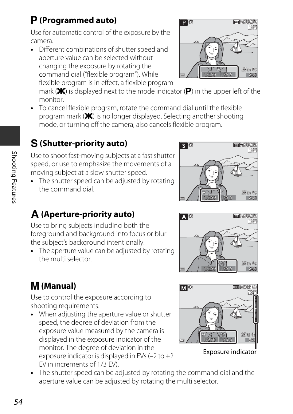 Auto, A54), J (programmed auto) | K (shutter-priority auto), L (aperture-priority auto), M (manual) | Nikon P600 User Manual | Page 76 / 236