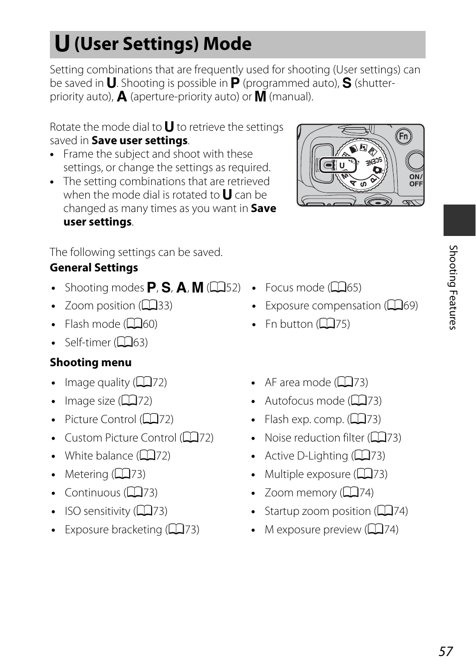 U (user settings) mode, M (user settings) mode, A57) | Nikon P600 User Manual | Page 79 / 236