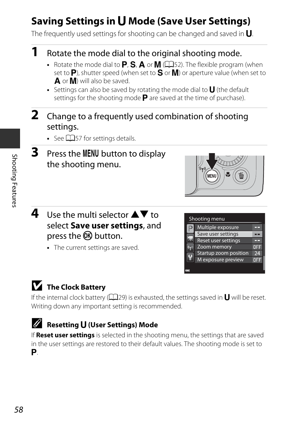 Saving settings in u mode (save user settings), Saving settings in, M mode (save user settings) | Saving settings in m mode (save user settings) | Nikon P600 User Manual | Page 80 / 236