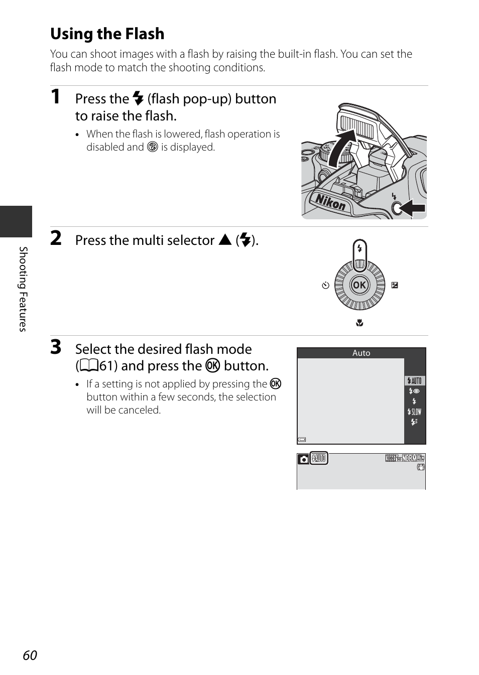 Using the flash, Flash mode, A60) | Nikon P600 User Manual | Page 82 / 236