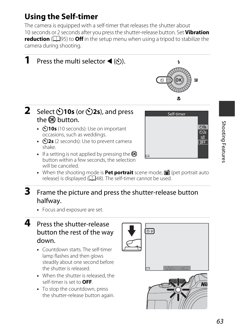 Using the self-timer, A63), Self-timer | Press the multi selector, Select n 10s (or n 2s ), and press the k button | Nikon P600 User Manual | Page 85 / 236