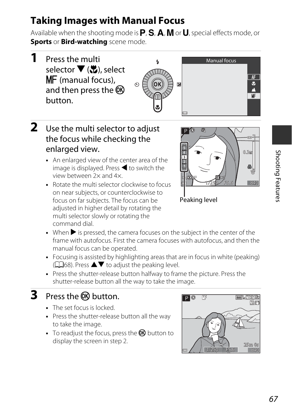 Taking images with manual focus, Press the k button | Nikon P600 User Manual | Page 89 / 236