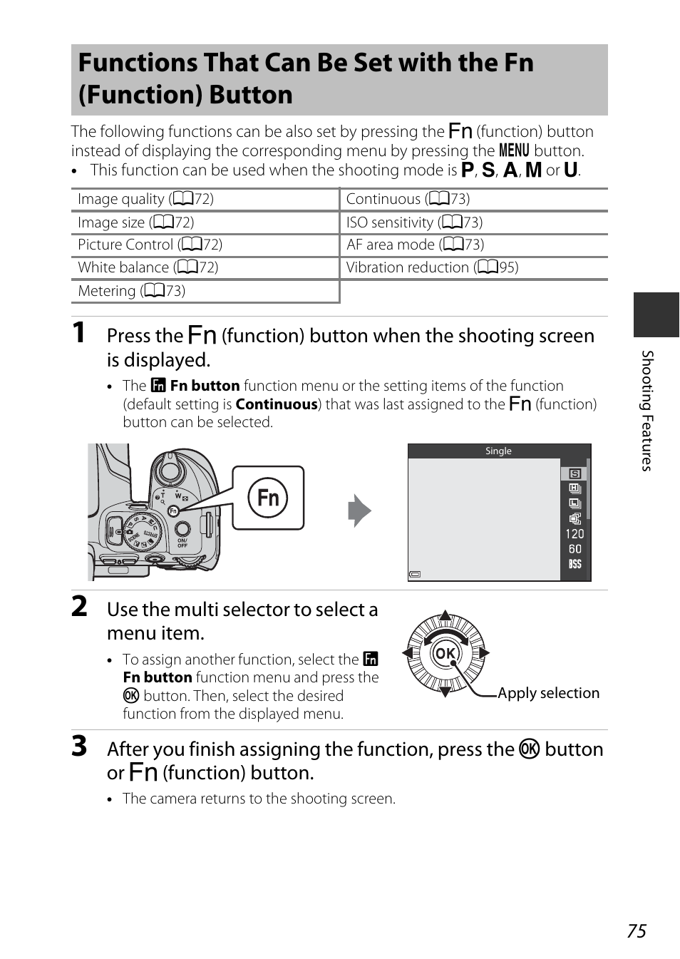 A75), Fn button, Use the multi selector to select a menu item | Nikon P600 User Manual | Page 97 / 236