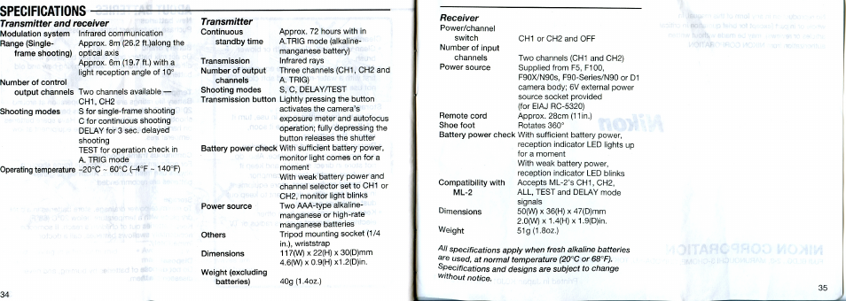 Camera settings, Operation | Nikon ML-3 Modulite Remote Control Set User Manual | Page 17 / 34