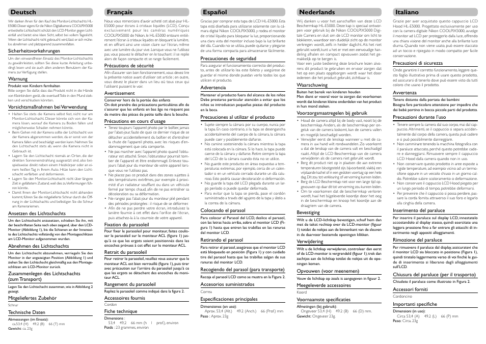 Deutsch français español nederlands italiano | Nikon HL-E5000 LCD Hood 5000 User Manual | Page 2 / 2