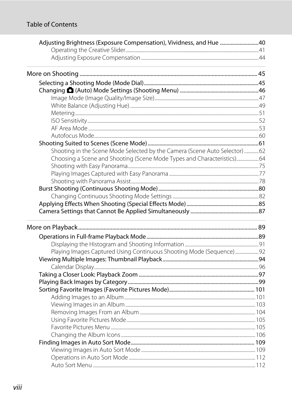 Viii | Nikon S9100 User Manual | Page 10 / 236