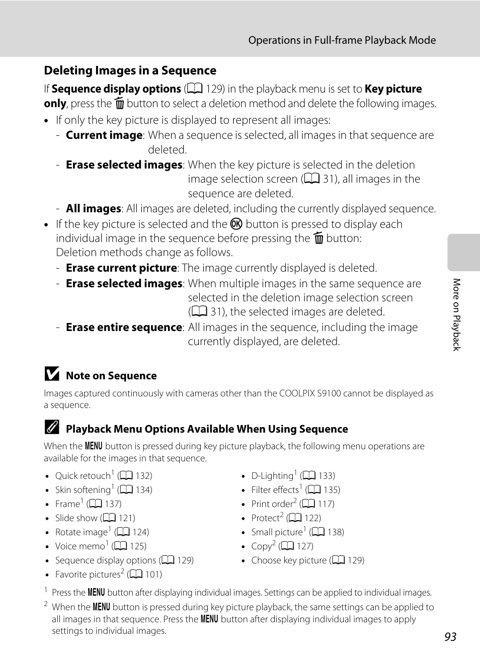 Deleting images in a sequence” (a 93), Deleting images in a sequence | Nikon S9100 User Manual | Page 105 / 236