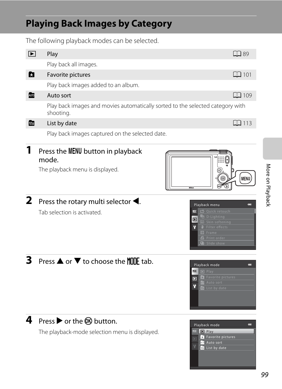 Playing back images by category, Press the d button in playback mode, Press the rotary multi selector j | Press h or i to choose the n tab, Press k or the k button | Nikon S9100 User Manual | Page 111 / 236