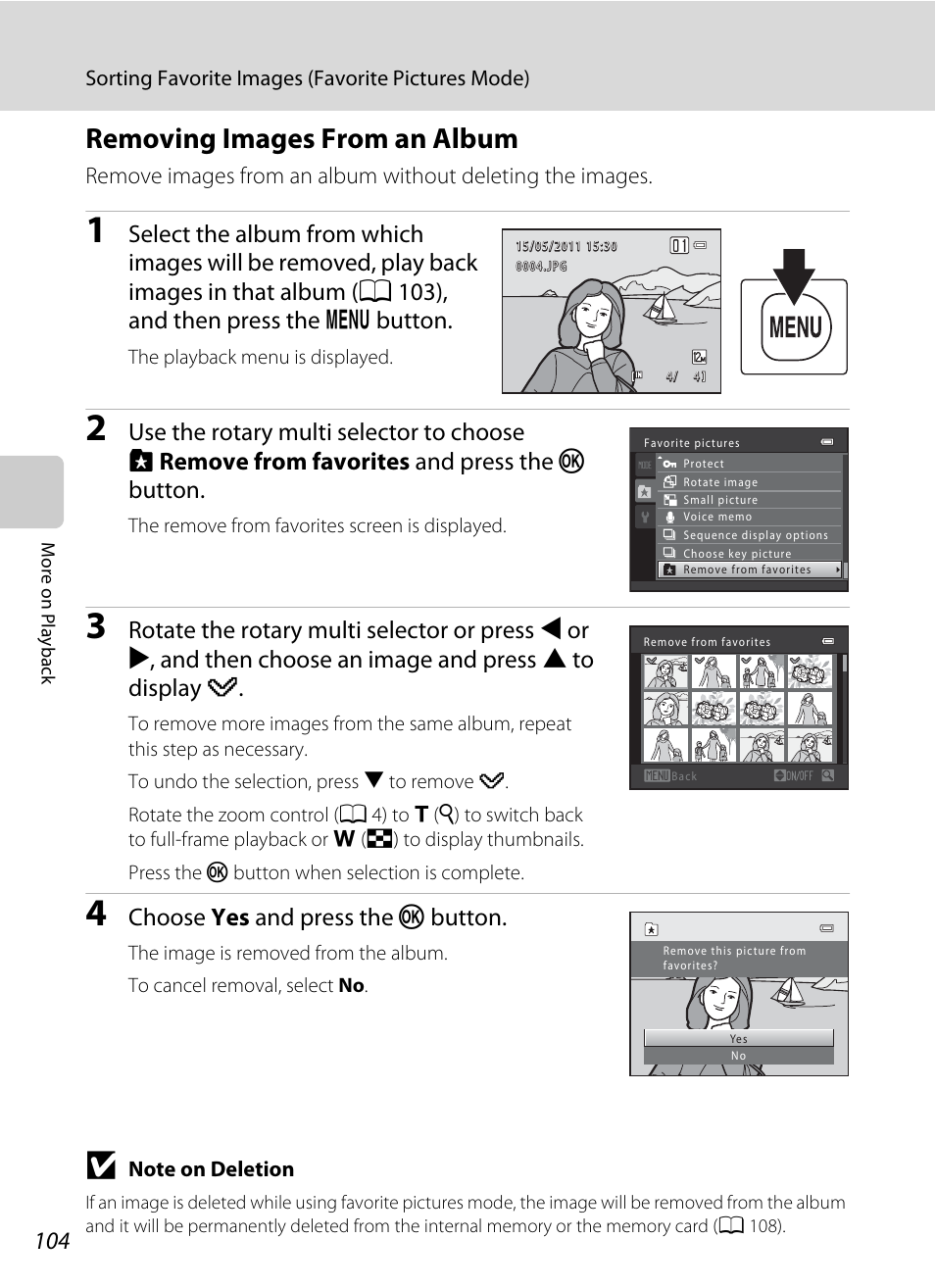 Removing images from an album, A 104), Choose yes and press the k button | Nikon S9100 User Manual | Page 116 / 236