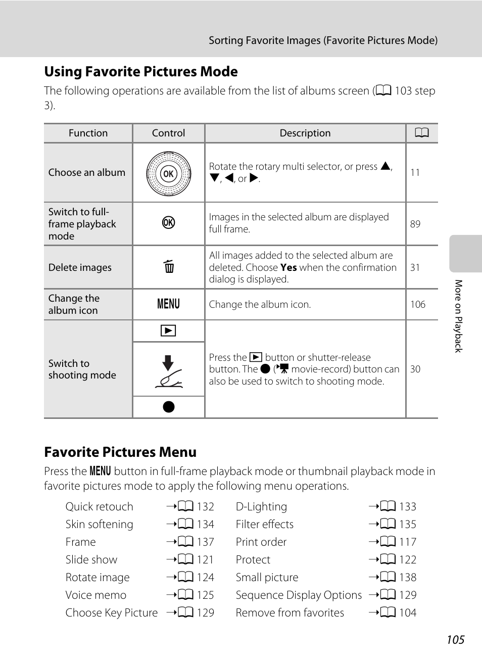 Using favorite pictures mode, Favorite pictures menu, Es menu | A 105) is display, A 105 | Nikon S9100 User Manual | Page 117 / 236