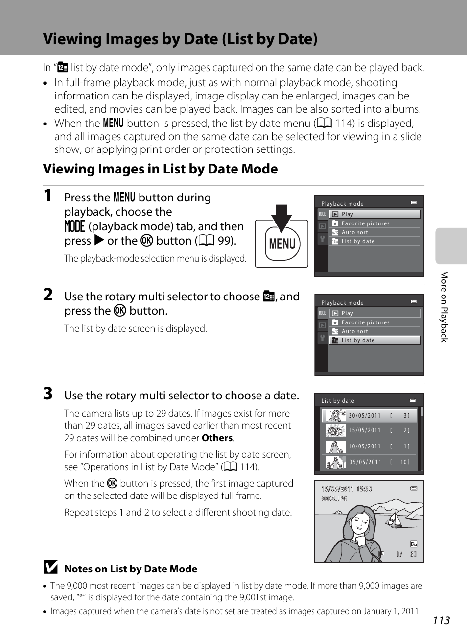 Viewing images by date (list by date), Viewing images in list by date mode, A 113), ima | A 113). the, A 113), images in, A 113, A 113) and press, A 113), Use the rotary multi selector to choose a date | Nikon S9100 User Manual | Page 125 / 236