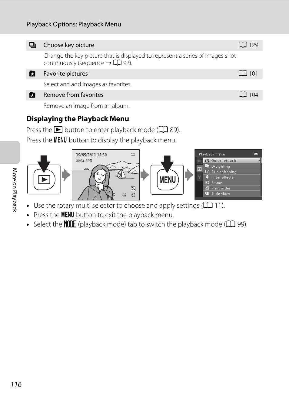 Displaying the playback menu | Nikon S9100 User Manual | Page 128 / 236