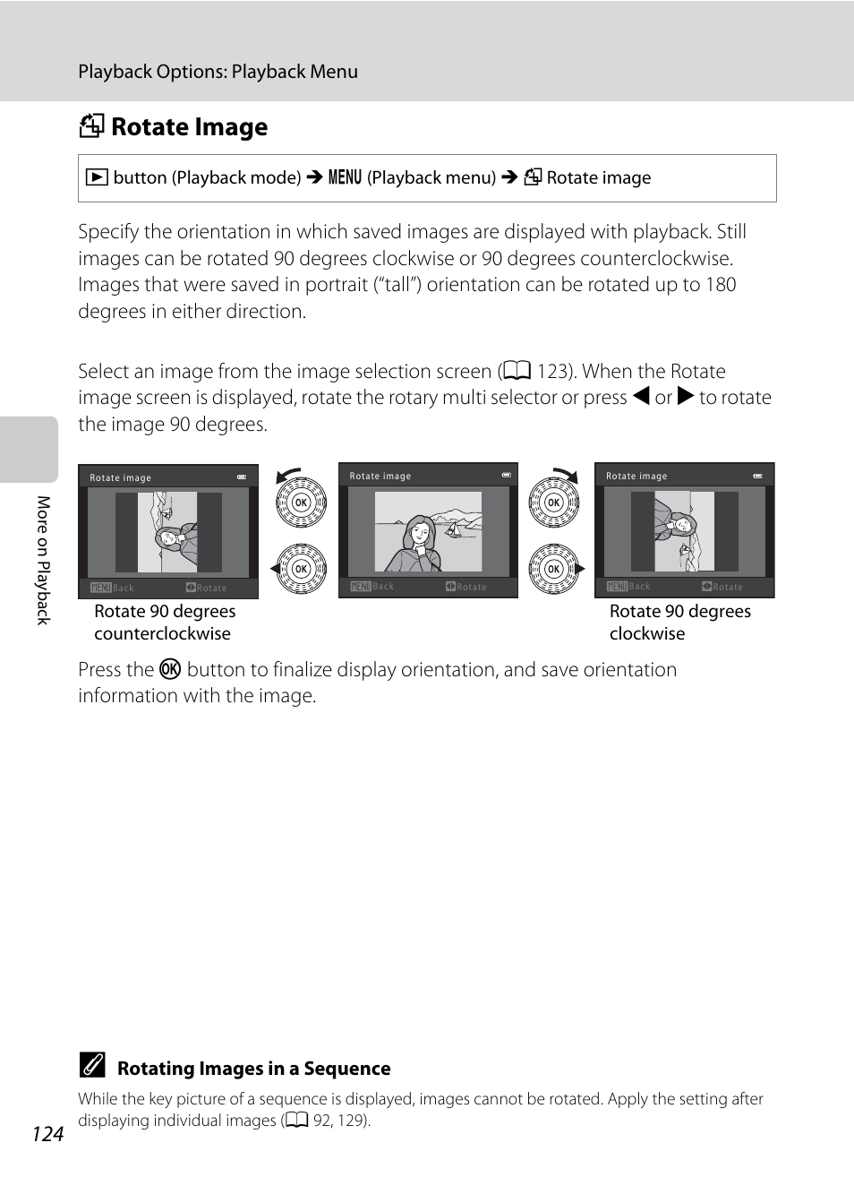 Rotate image, F rotate image, A 124) of | A 124), A 124 | Nikon S9100 User Manual | Page 136 / 236
