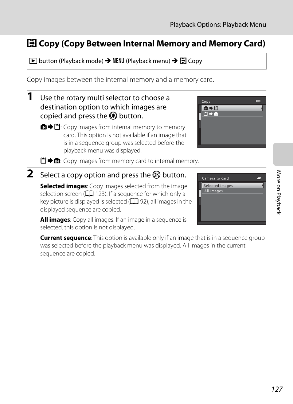 A 127), A 127, Select a copy option and press the k button | Nikon S9100 User Manual | Page 139 / 236