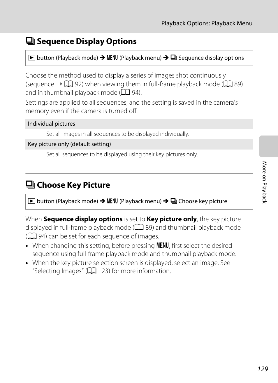 Sequence display options, Choose key picture, C sequence display options c choose key picture | A 129), A 129) in the, Cture, A 129, Key picture, C sequence display options, C choose key picture | Nikon S9100 User Manual | Page 141 / 236