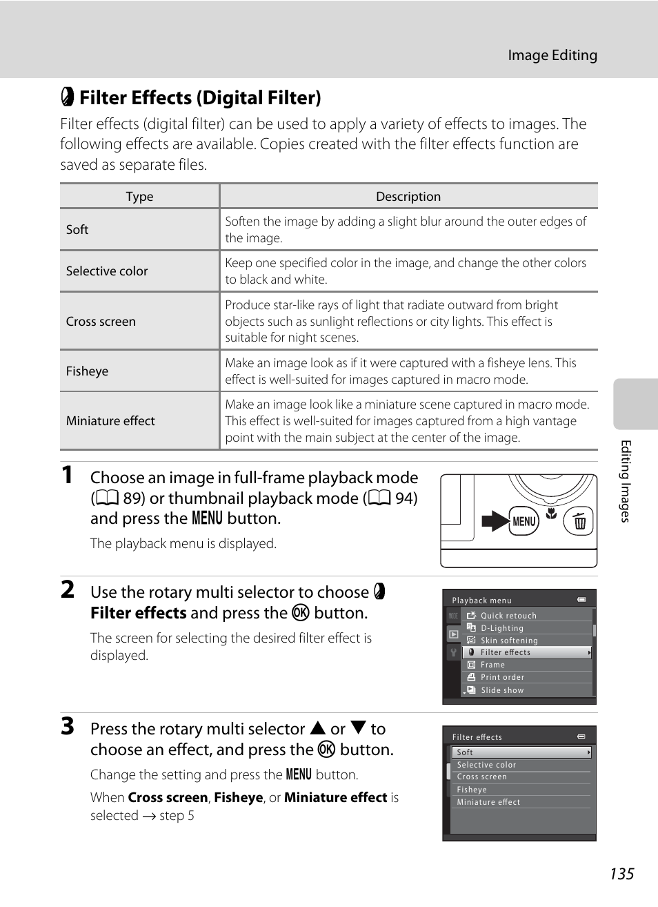Filter effects (digital filter), P filter effects (digital filter), A 135) | A 135 | Nikon S9100 User Manual | Page 147 / 236