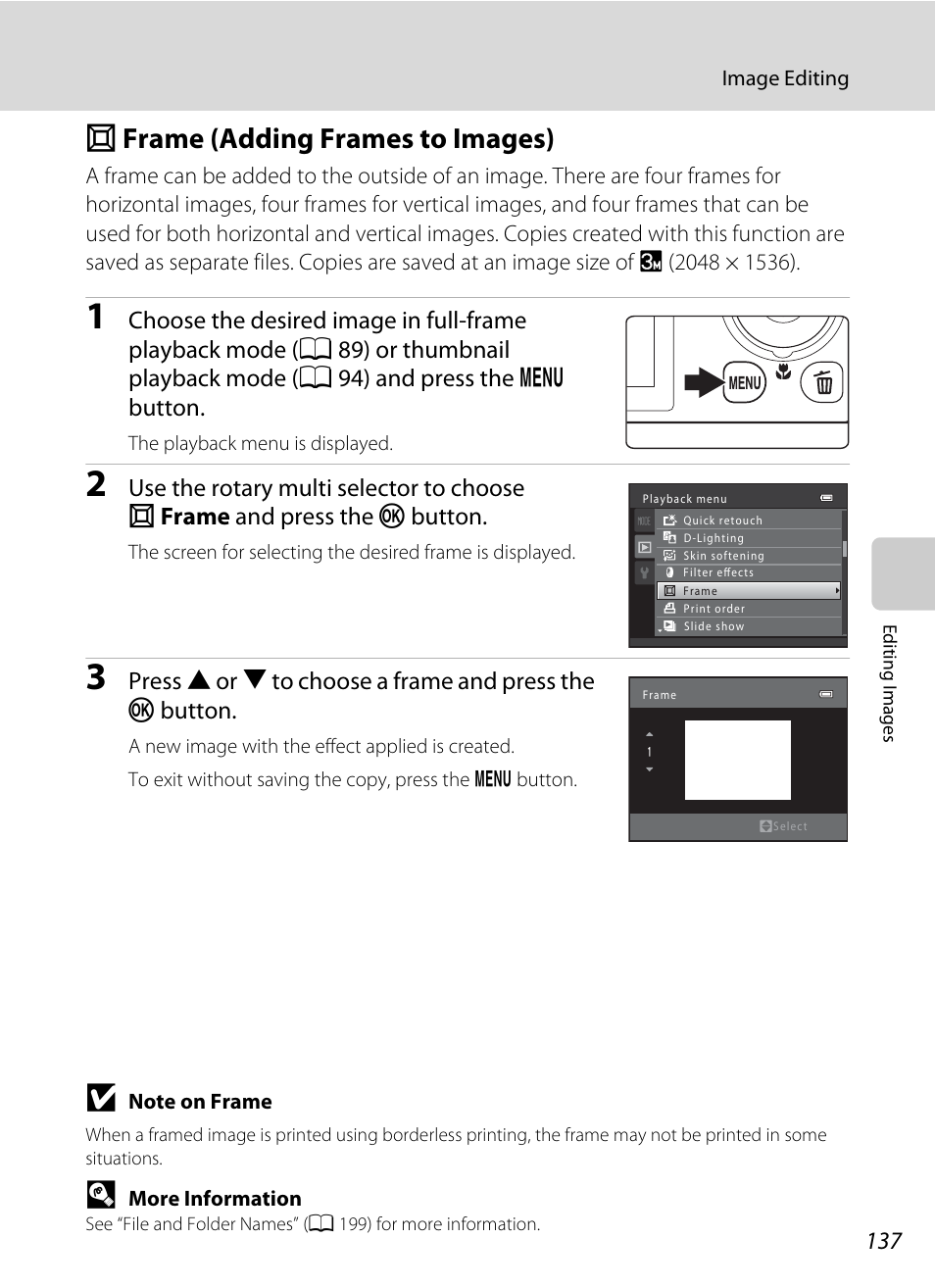 Frame (adding frames to images), S frame (adding frames to images), A 137) | A 137 | Nikon S9100 User Manual | Page 149 / 236