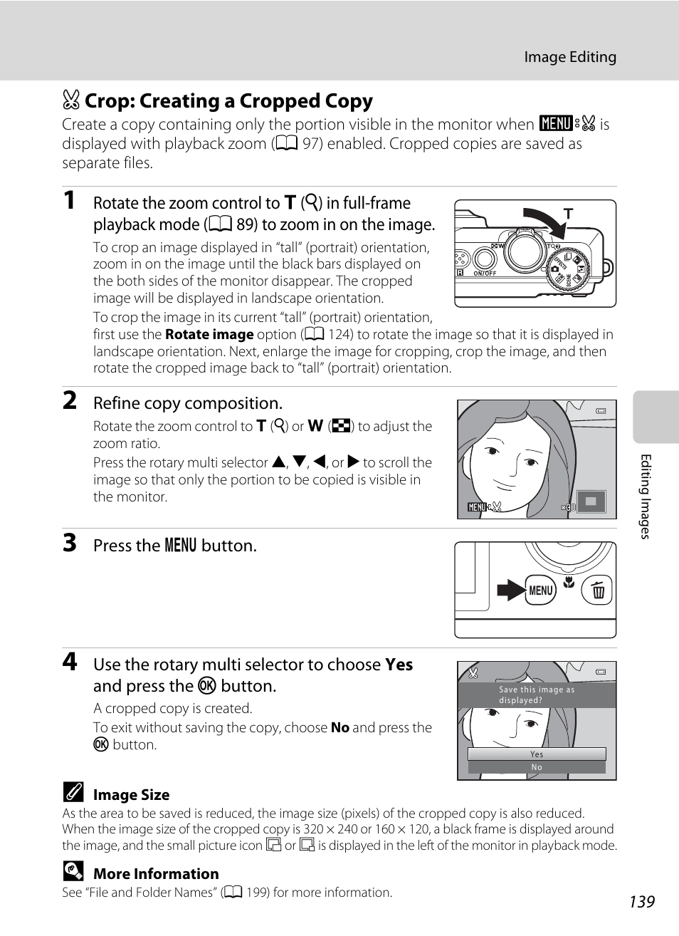 Crop: creating a cropped copy, A crop: creating a cropped copy, A 139) | Nikon S9100 User Manual | Page 151 / 236